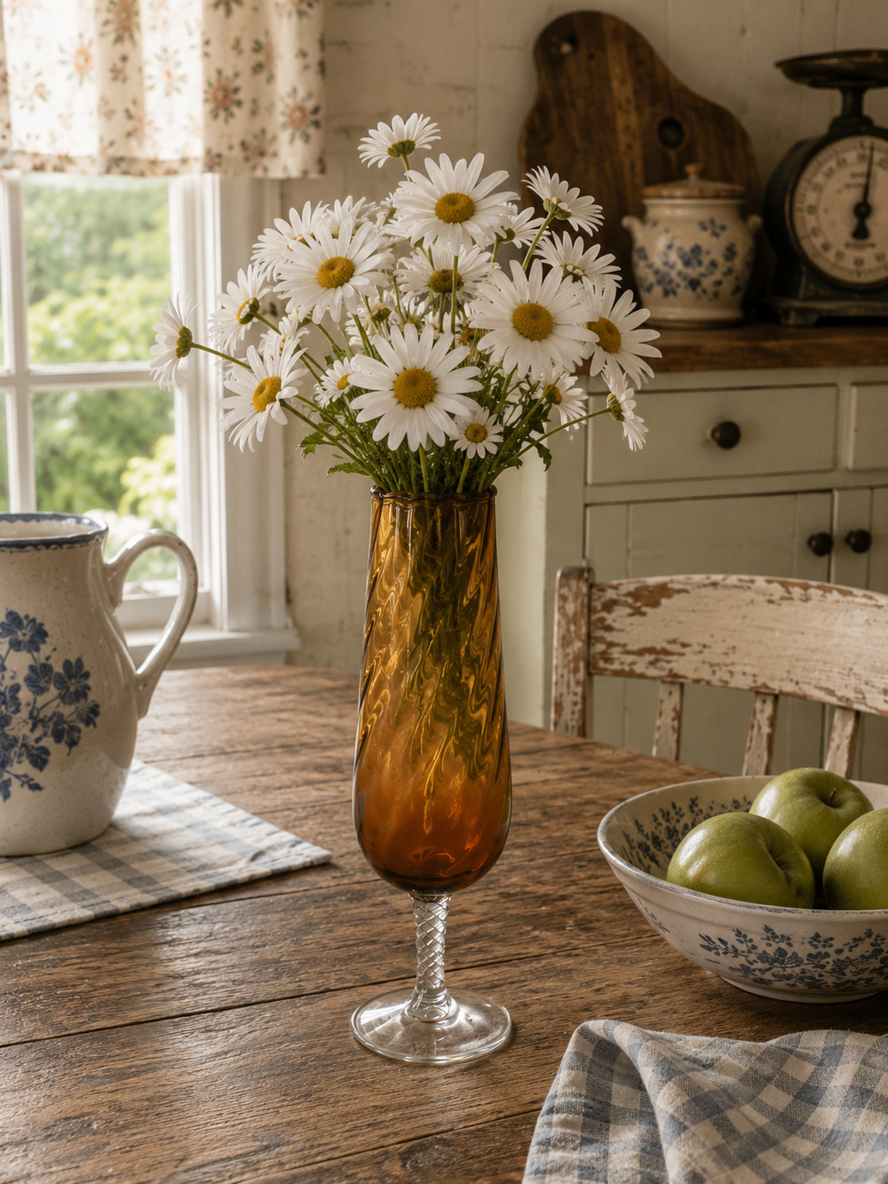 Mid Century Stemmed Goblet Butterscotch Glass Vase 11"